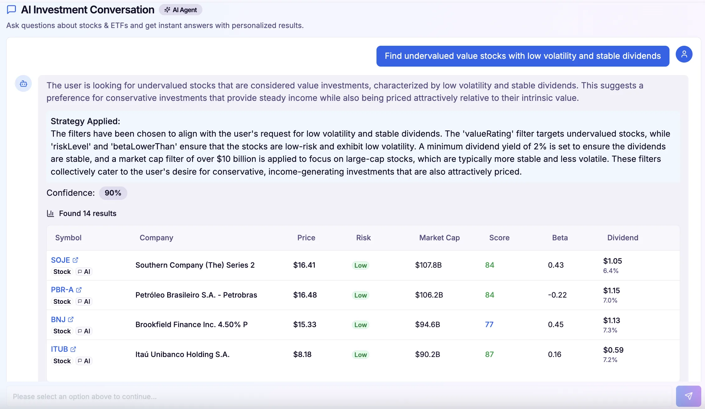 AI Stock Screener conversation and screening results